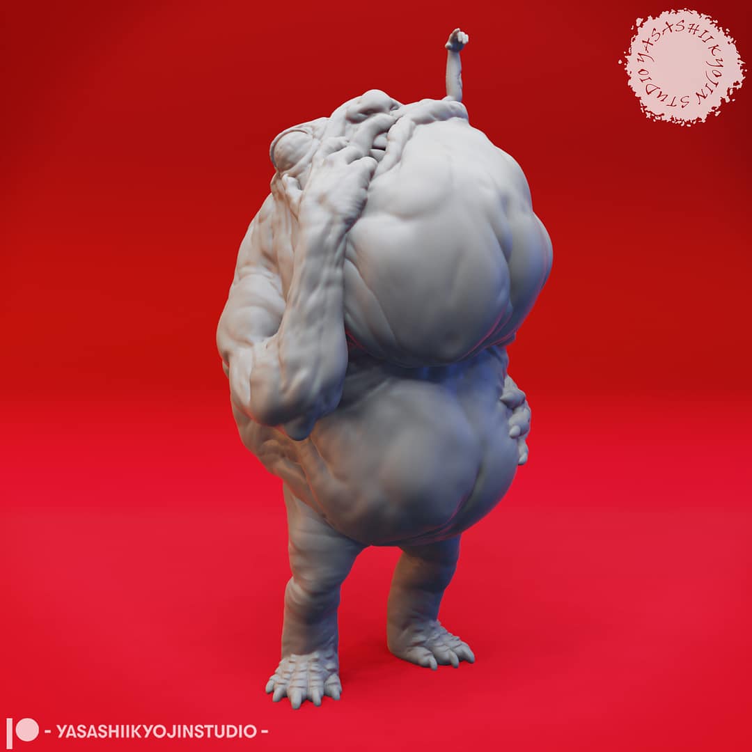 “Banderhobb resin miniatures by Yasashii Kyojin Studio, featuring two poses—a Feeding pose with a bulging stomach and a Thinking pose with a claw at its chin—displayed against a red background.”
