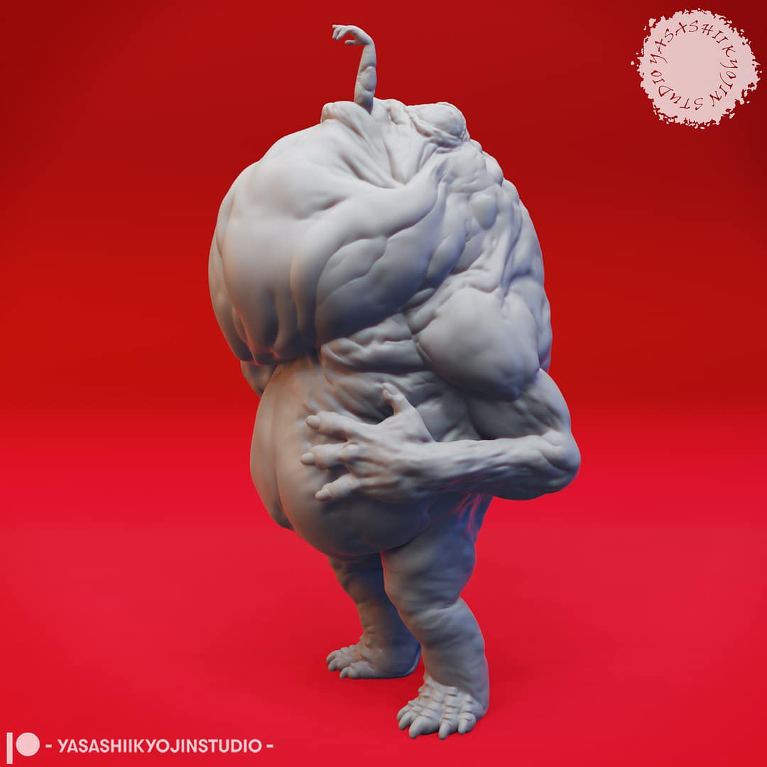 “Banderhobb resin miniatures by Yasashii Kyojin Studio, featuring two poses—a Feeding pose with a bulging stomach and a Thinking pose with a claw at its chin—displayed against a red background.”