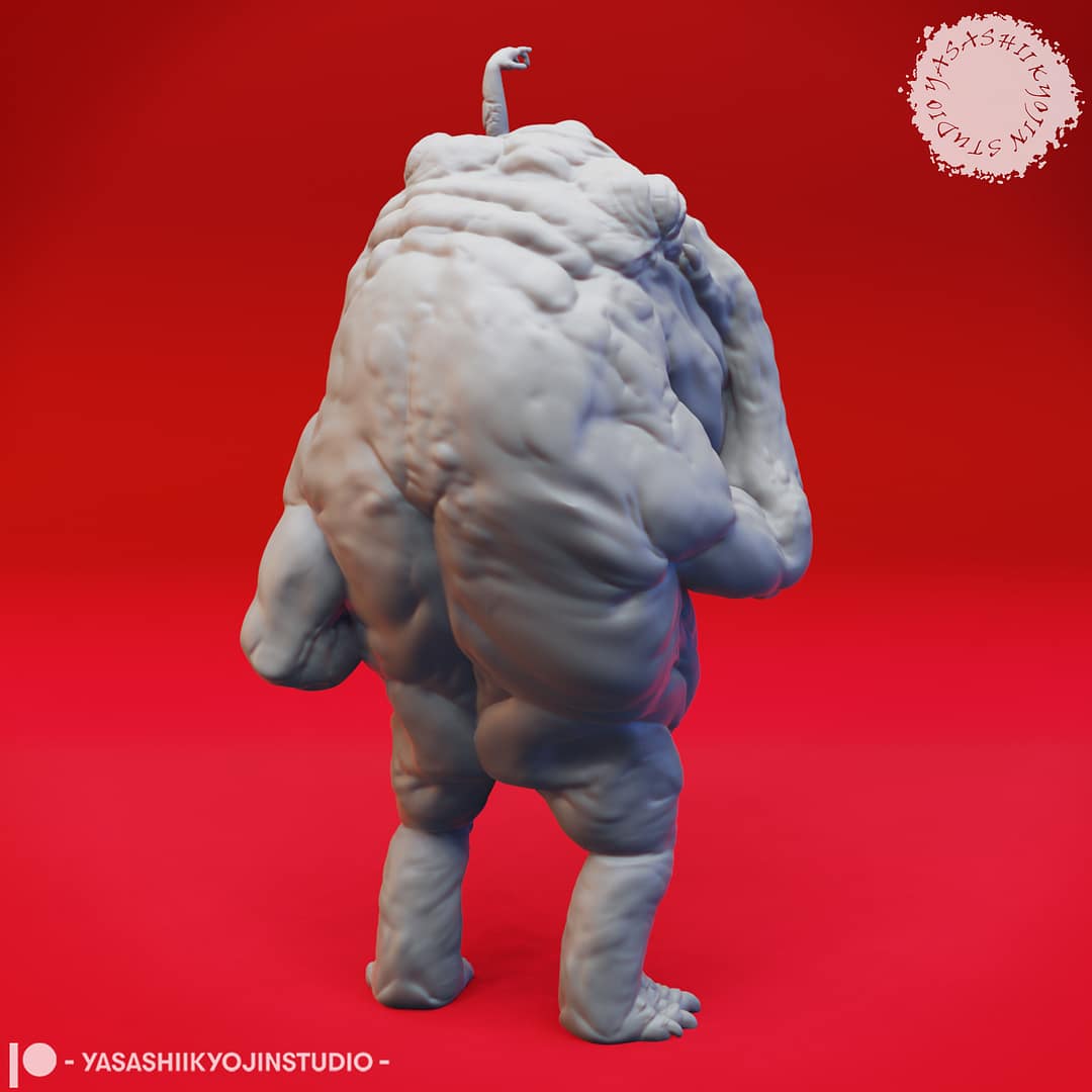 “Banderhobb resin miniatures by Yasashii Kyojin Studio, featuring two poses—a Feeding pose with a bulging stomach and a Thinking pose with a claw at its chin—displayed against a red background.”