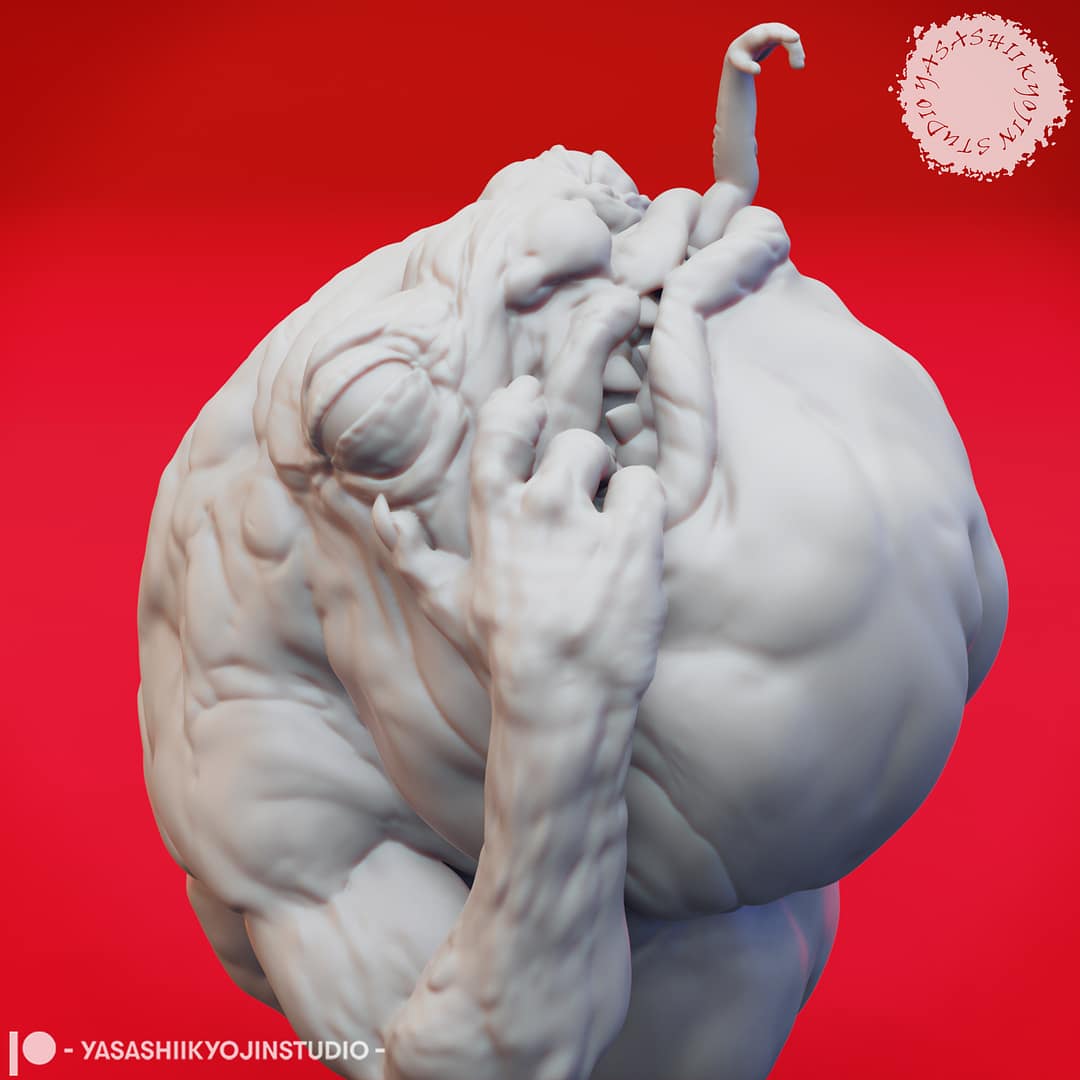 “Banderhobb resin miniatures by Yasashii Kyojin Studio, featuring two poses—a Feeding pose with a bulging stomach and a Thinking pose with a claw at its chin—displayed against a red background.”