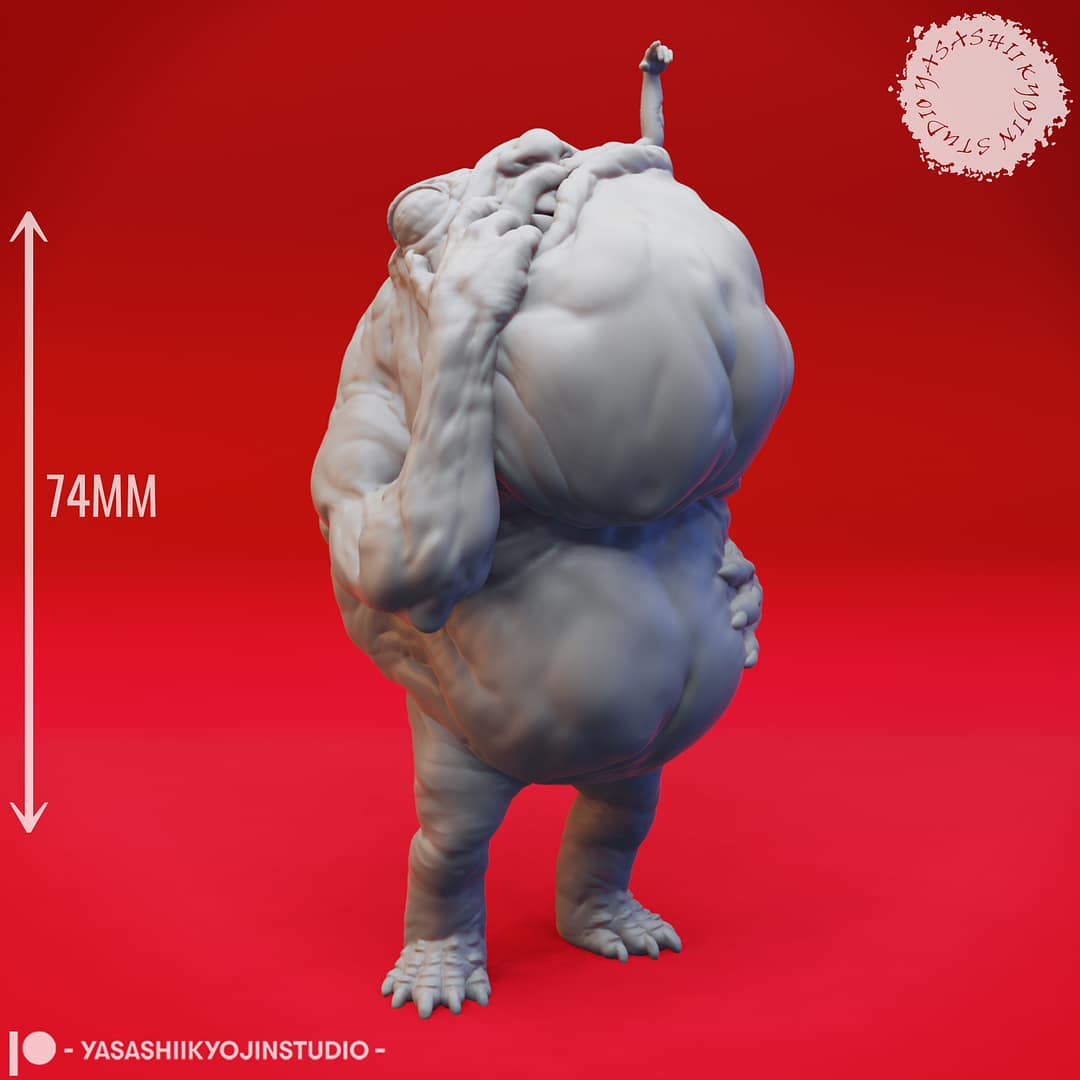 “Banderhobb resin miniatures by Yasashii Kyojin Studio, featuring two poses—a Feeding pose with a bulging stomach and a Thinking pose with a claw at its chin—displayed against a red background.”