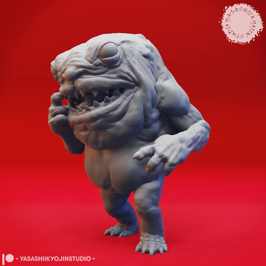 “Banderhobb resin miniatures by Yasashii Kyojin Studio, featuring two poses—a Feeding pose with a bulging stomach and a Thinking pose with a claw at its chin—displayed against a red background.”