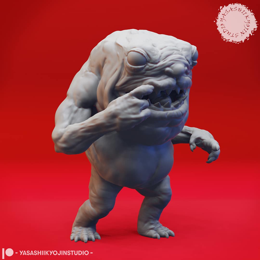 “Banderhobb resin miniatures by Yasashii Kyojin Studio, featuring two poses—a Feeding pose with a bulging stomach and a Thinking pose with a claw at its chin—displayed against a red background.”