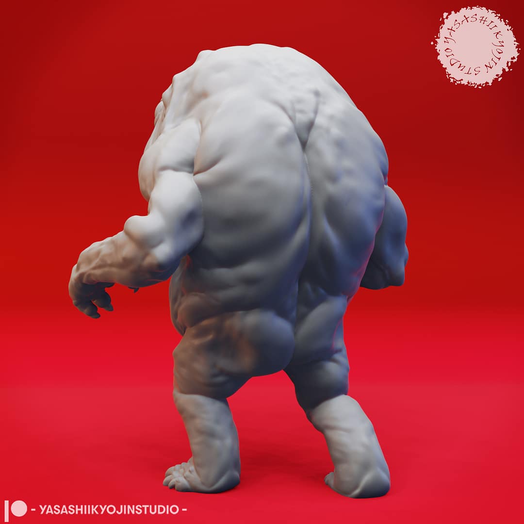 “Banderhobb resin miniatures by Yasashii Kyojin Studio, featuring two poses—a Feeding pose with a bulging stomach and a Thinking pose with a claw at its chin—displayed against a red background.”