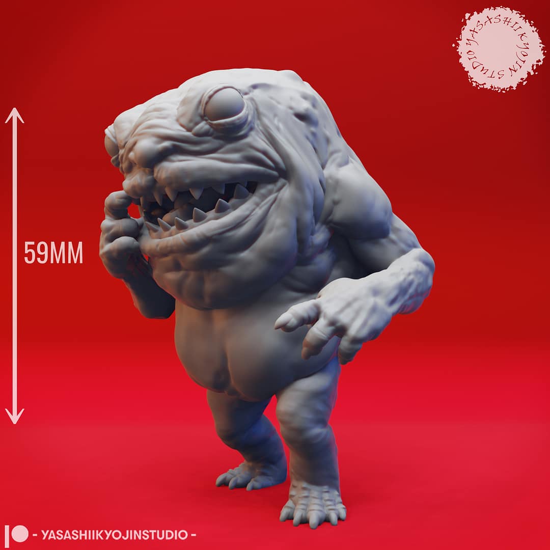 “Banderhobb resin miniatures by Yasashii Kyojin Studio, featuring two poses—a Feeding pose with a bulging stomach and a Thinking pose with a claw at its chin—displayed against a red background.”