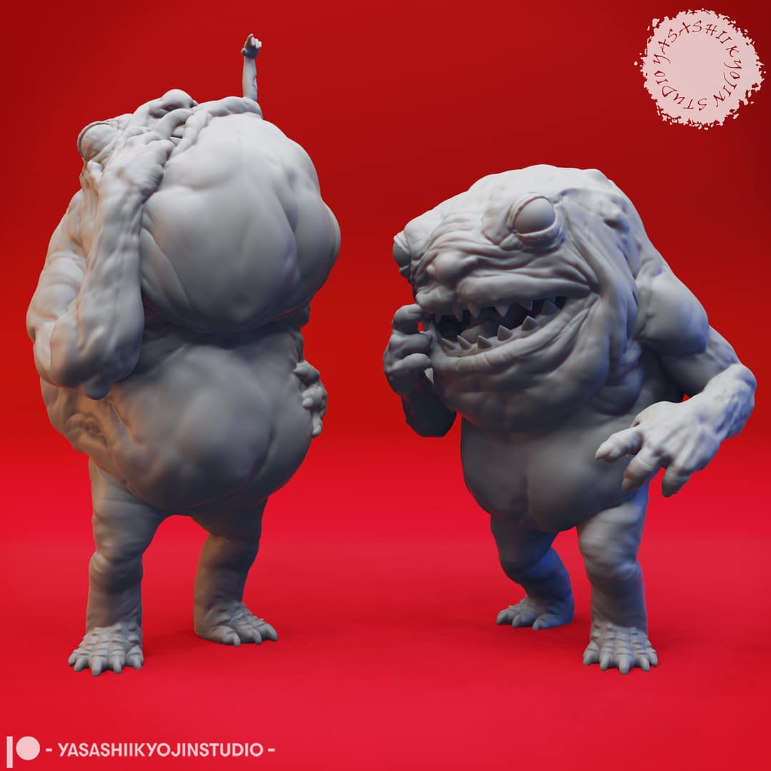 “Banderhobb resin miniatures by Yasashii Kyojin Studio, featuring two poses—a Feeding pose with a bulging stomach and a Thinking pose with a claw at its chin—displayed against a red background.”