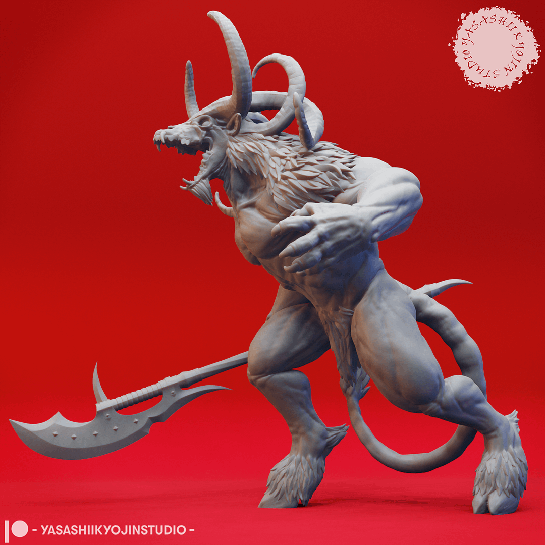 “Baphomet resin miniature by Yasashii Kyojin Studio, showing a muscular horned demon wielding a massive infernal glaive, posed against a red background.”