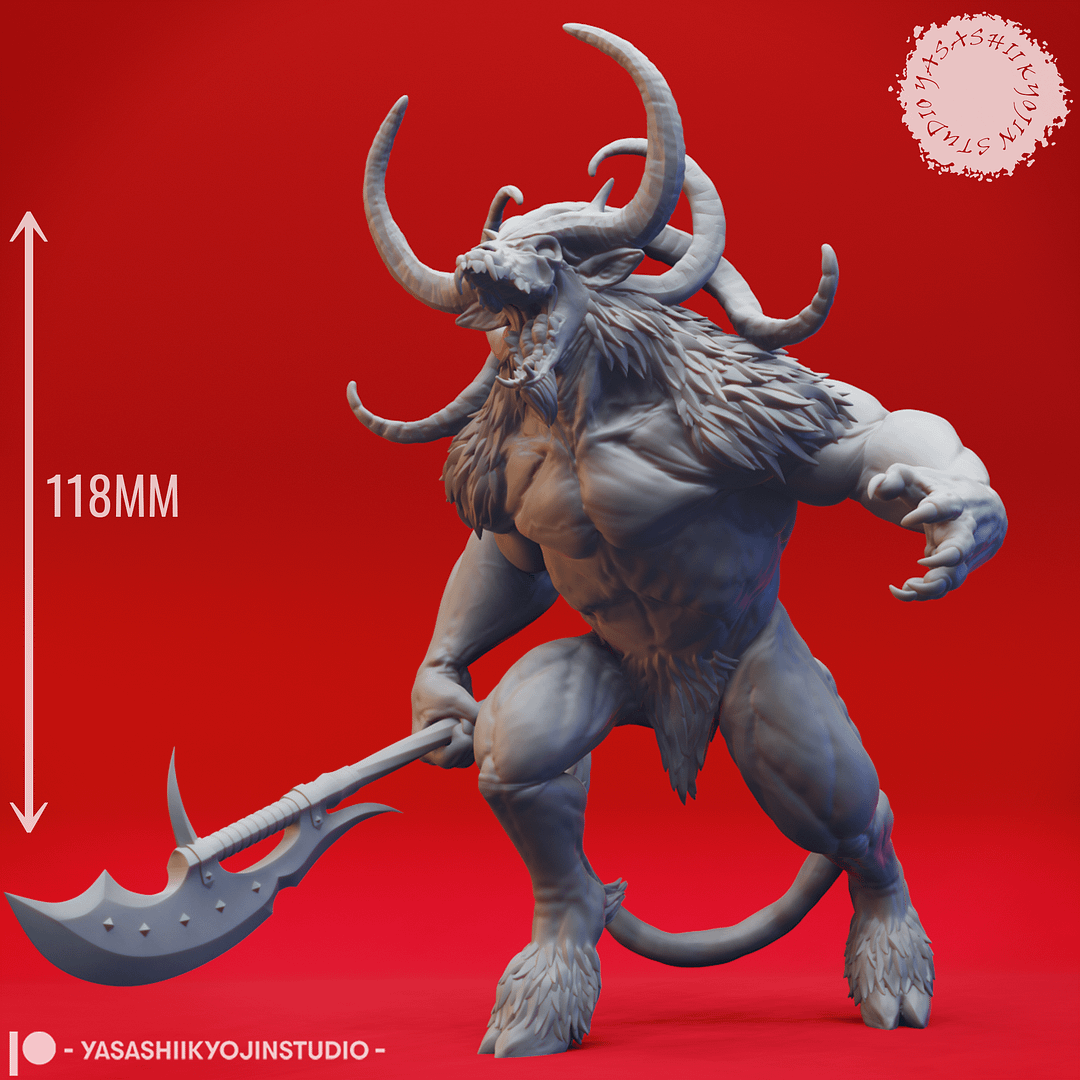 “Baphomet resin miniature by Yasashii Kyojin Studio, showing a muscular horned demon wielding a massive infernal glaive, posed against a red background.”