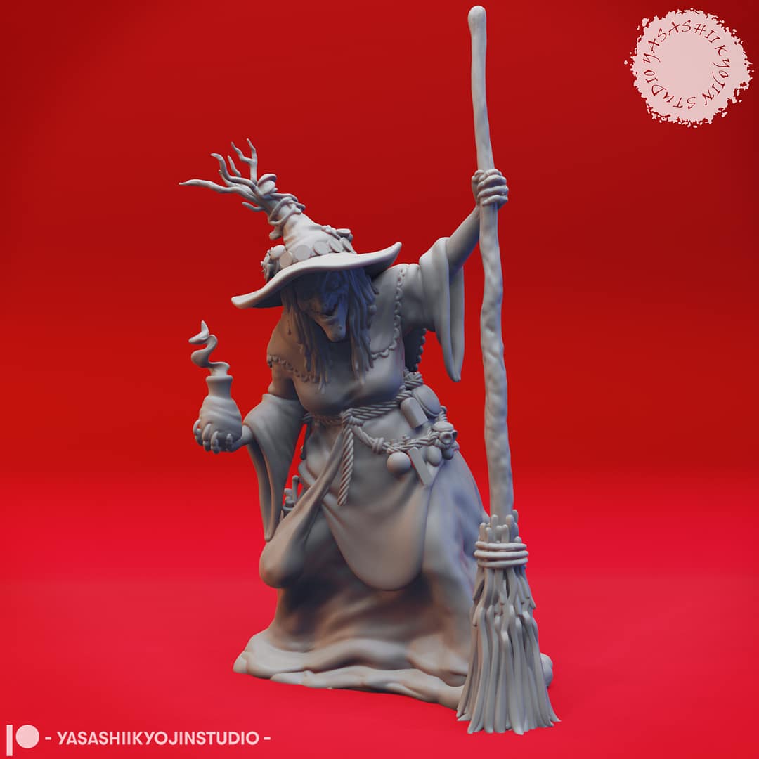 “Barovian Witch resin miniatures by Yasashii Kyojin Studio, shown in two poses—one stirring a cauldron and one holding a potion vial—displayed against a red background.”