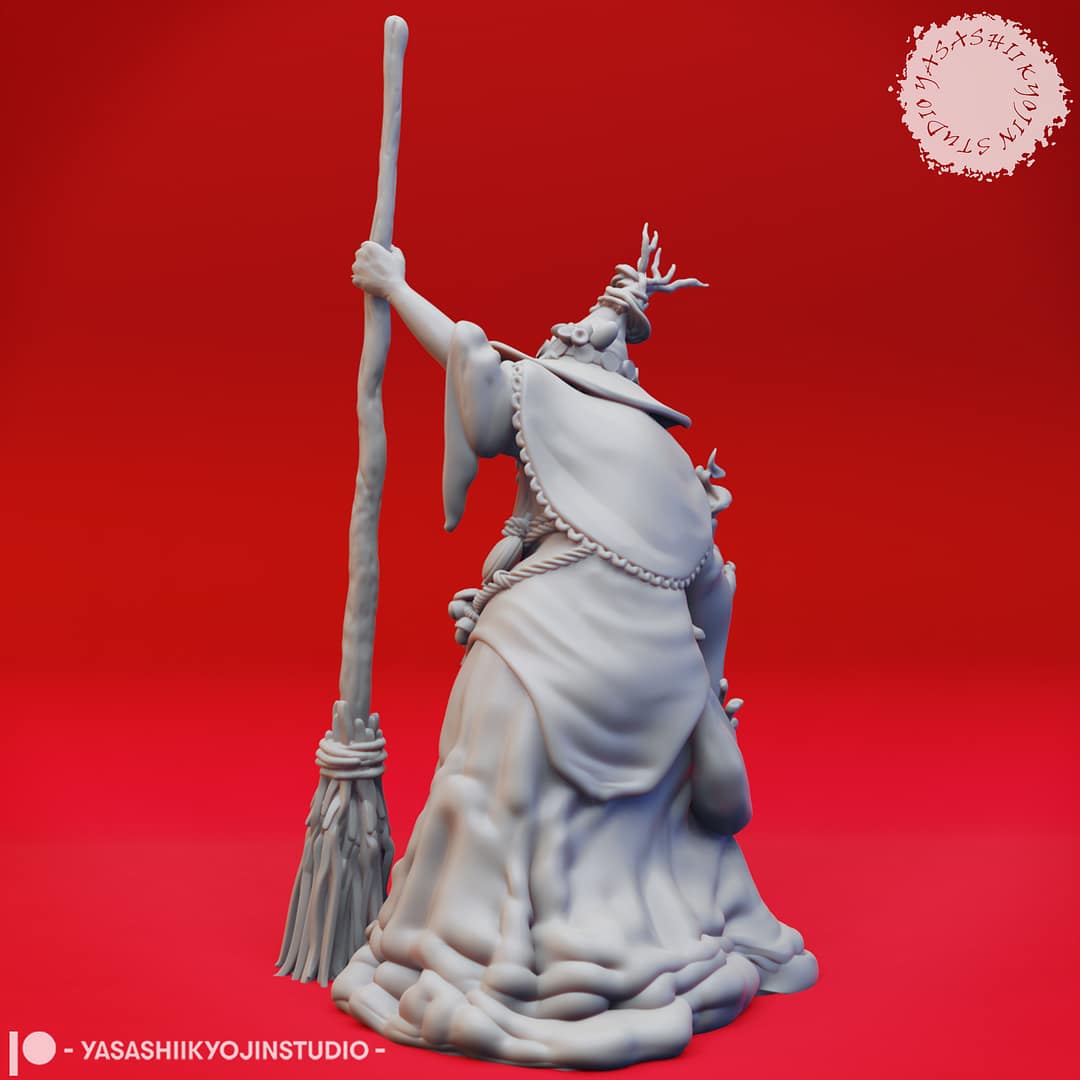 “Barovian Witch resin miniatures by Yasashii Kyojin Studio, shown in two poses—one stirring a cauldron and one holding a potion vial—displayed against a red background.”