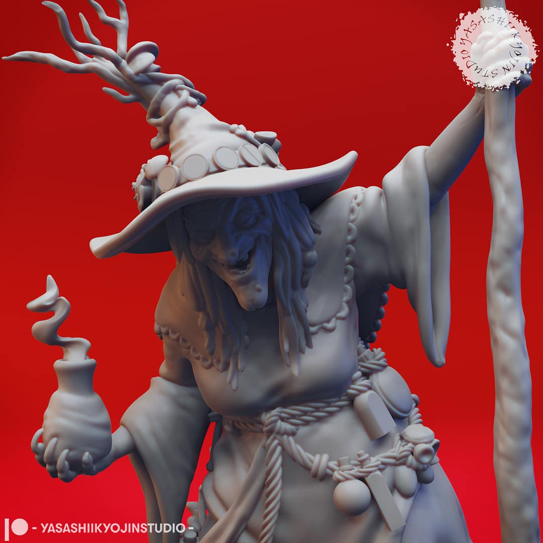 “Barovian Witch resin miniatures by Yasashii Kyojin Studio, shown in two poses—one stirring a cauldron and one holding a potion vial—displayed against a red background.”