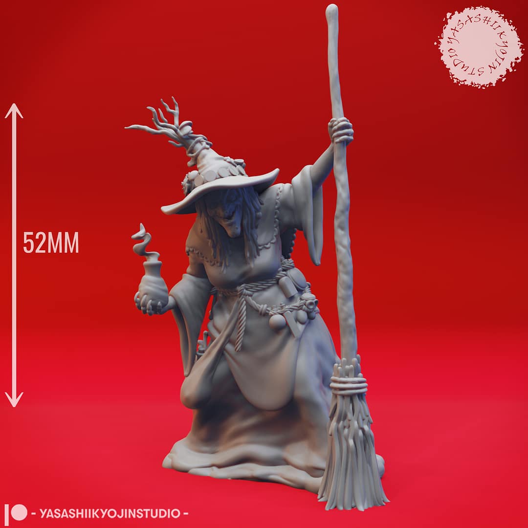 “Barovian Witch resin miniatures by Yasashii Kyojin Studio, shown in two poses—one stirring a cauldron and one holding a potion vial—displayed against a red background.”