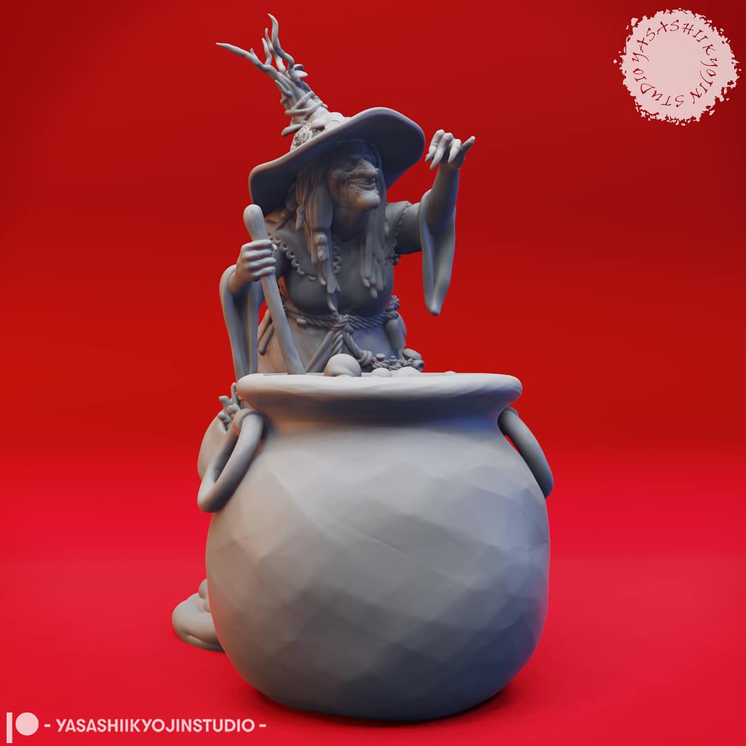 “Barovian Witch resin miniatures by Yasashii Kyojin Studio, shown in two poses—one stirring a cauldron and one holding a potion vial—displayed against a red background.”