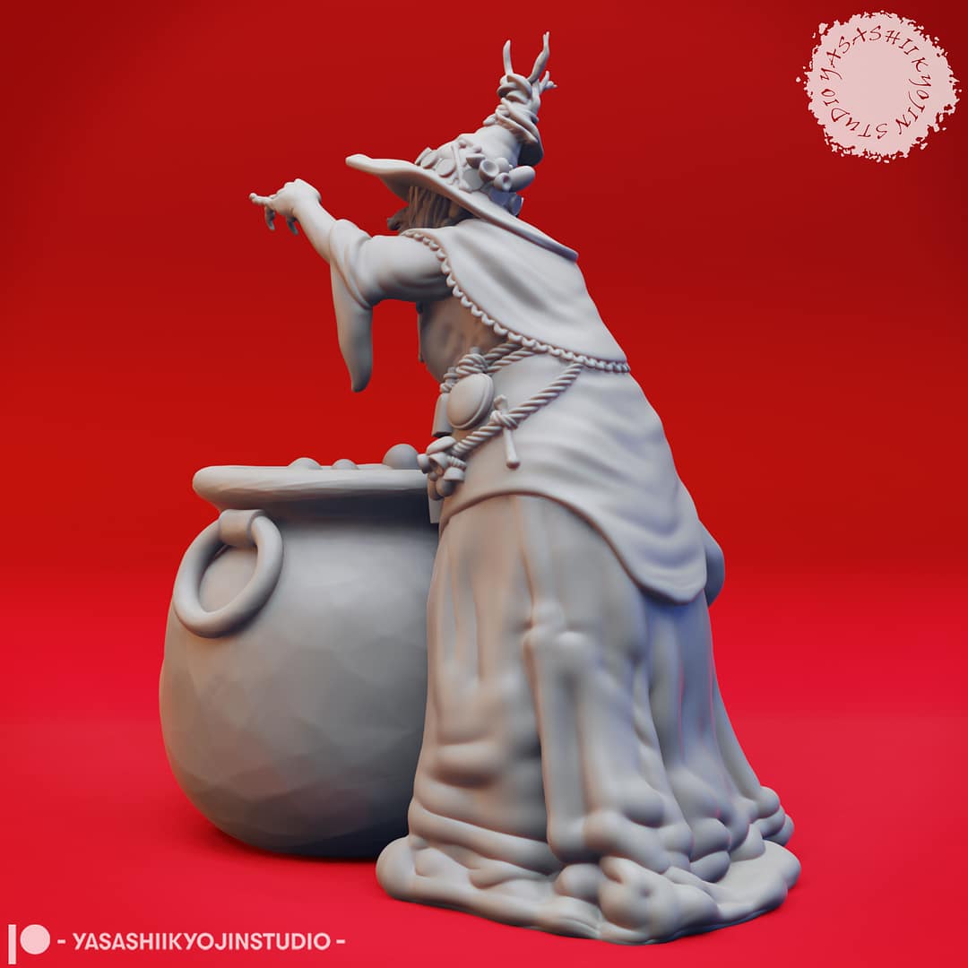 “Barovian Witch resin miniatures by Yasashii Kyojin Studio, shown in two poses—one stirring a cauldron and one holding a potion vial—displayed against a red background.”