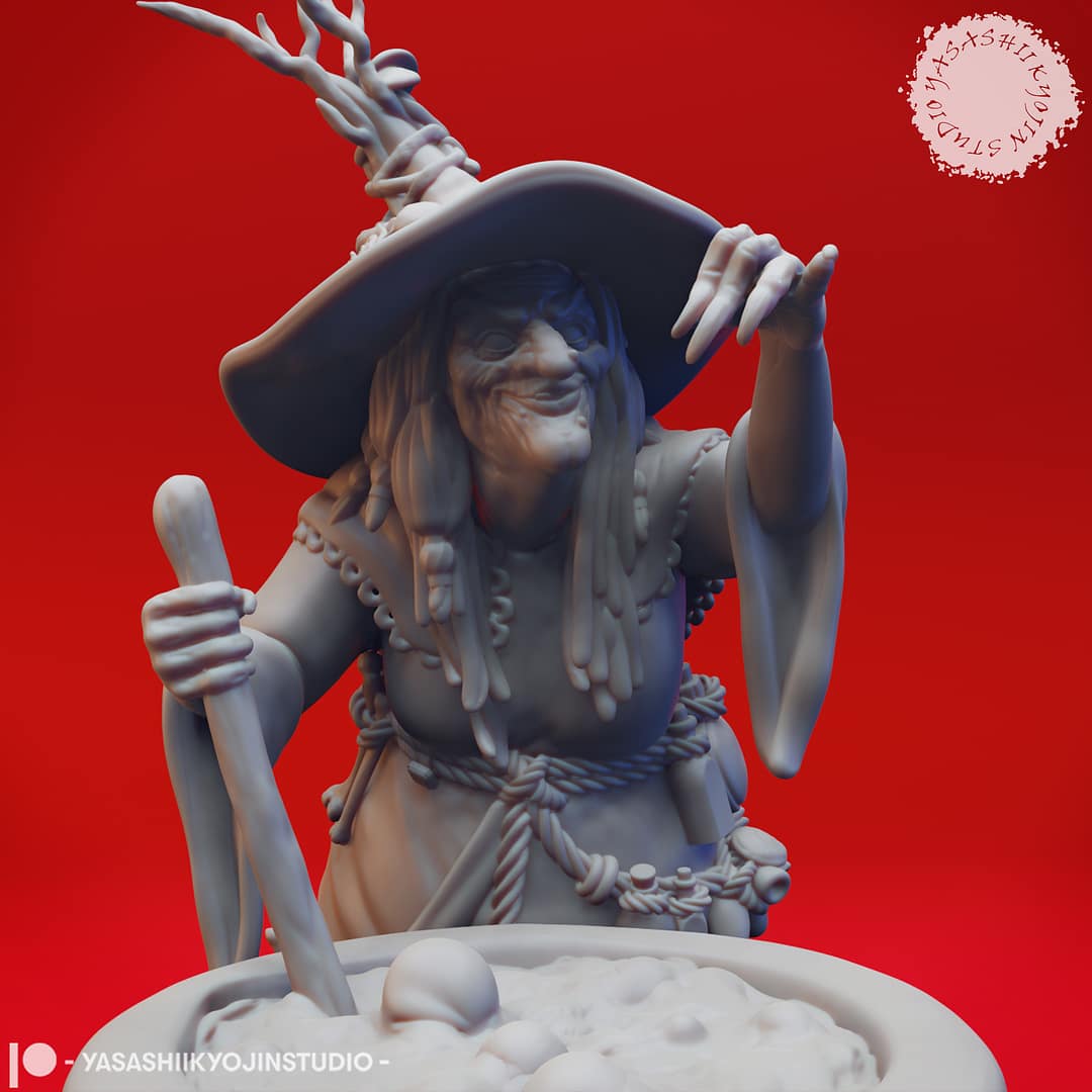 “Barovian Witch resin miniatures by Yasashii Kyojin Studio, shown in two poses—one stirring a cauldron and one holding a potion vial—displayed against a red background.”