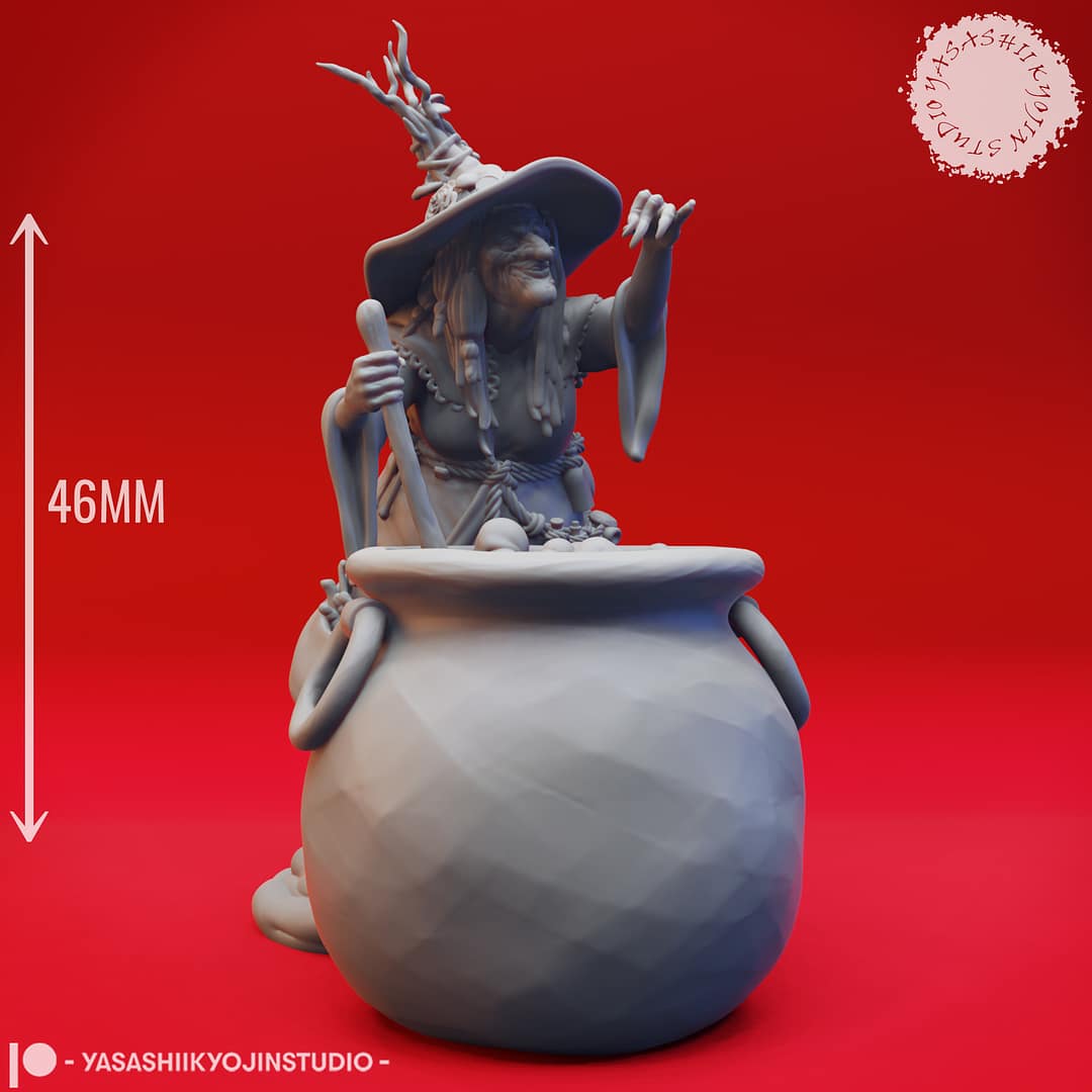 “Barovian Witch resin miniatures by Yasashii Kyojin Studio, shown in two poses—one stirring a cauldron and one holding a potion vial—displayed against a red background.”