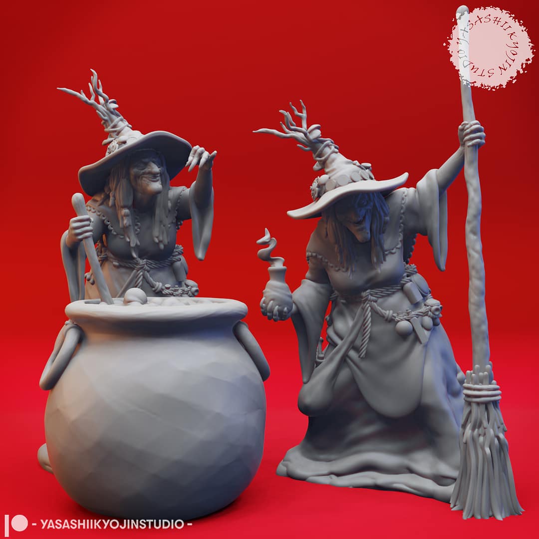 “Barovian Witch resin miniatures by Yasashii Kyojin Studio, shown in two poses—one stirring a cauldron and one holding a potion vial—displayed against a red background.”