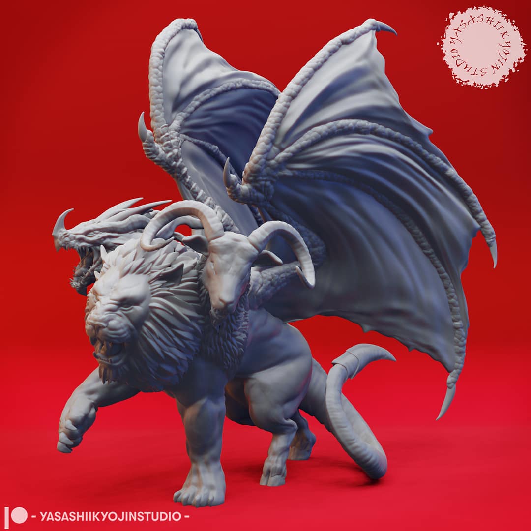 “Chimera resin miniatures by Yasashii Kyojin Studio, featuring Flying and Attacking poses with lion, goat, and dragon heads, shown against a red background.”