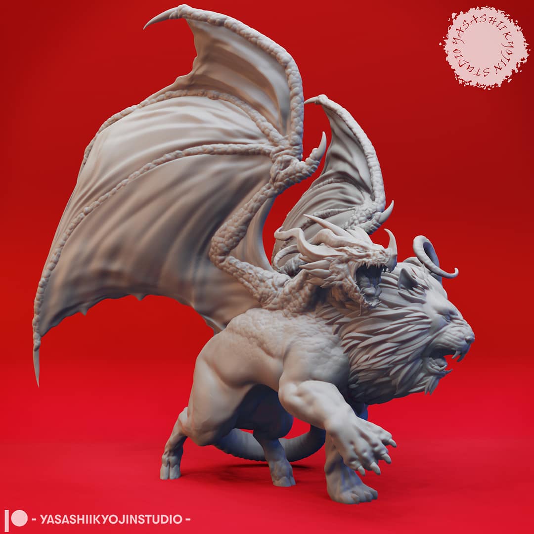 “Chimera resin miniatures by Yasashii Kyojin Studio, featuring Flying and Attacking poses with lion, goat, and dragon heads, shown against a red background.”