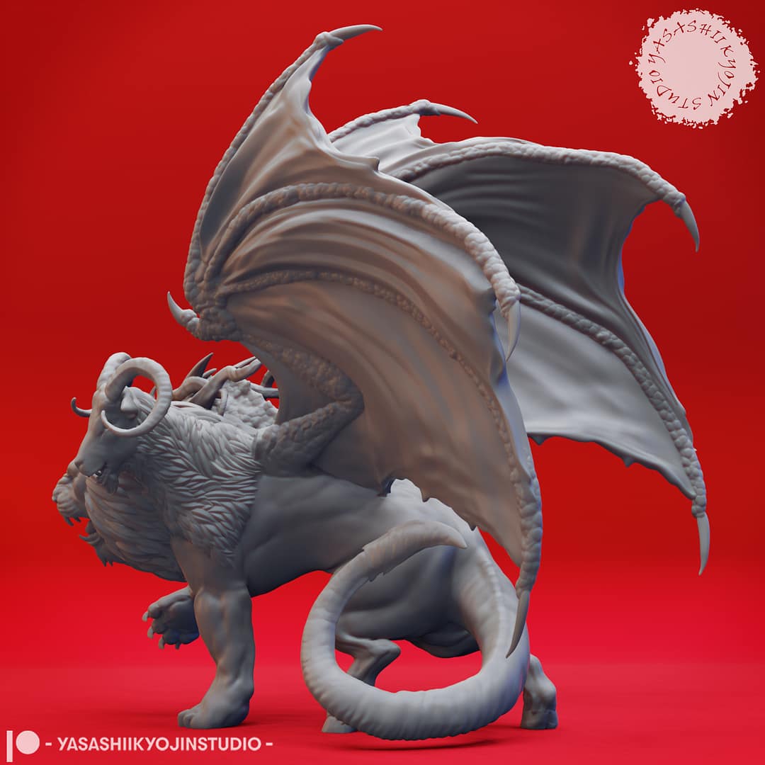“Chimera resin miniatures by Yasashii Kyojin Studio, featuring Flying and Attacking poses with lion, goat, and dragon heads, shown against a red background.”