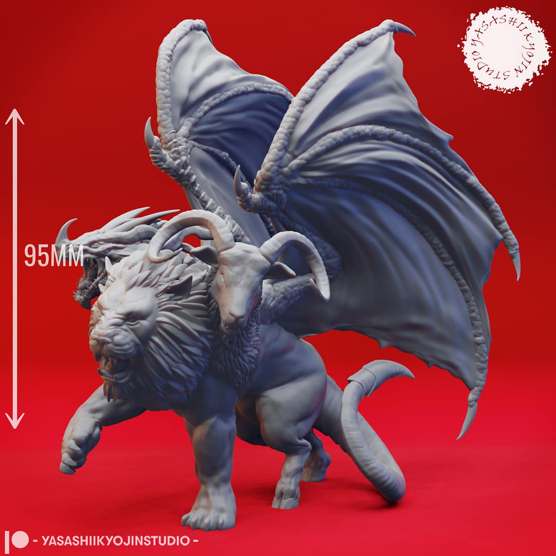“Chimera resin miniatures by Yasashii Kyojin Studio, featuring Flying and Attacking poses with lion, goat, and dragon heads, shown against a red background.”
