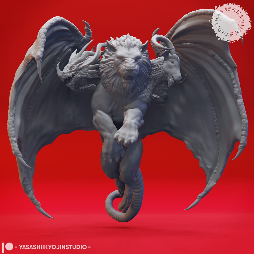 “Chimera resin miniatures by Yasashii Kyojin Studio, featuring Flying and Attacking poses with lion, goat, and dragon heads, shown against a red background.”