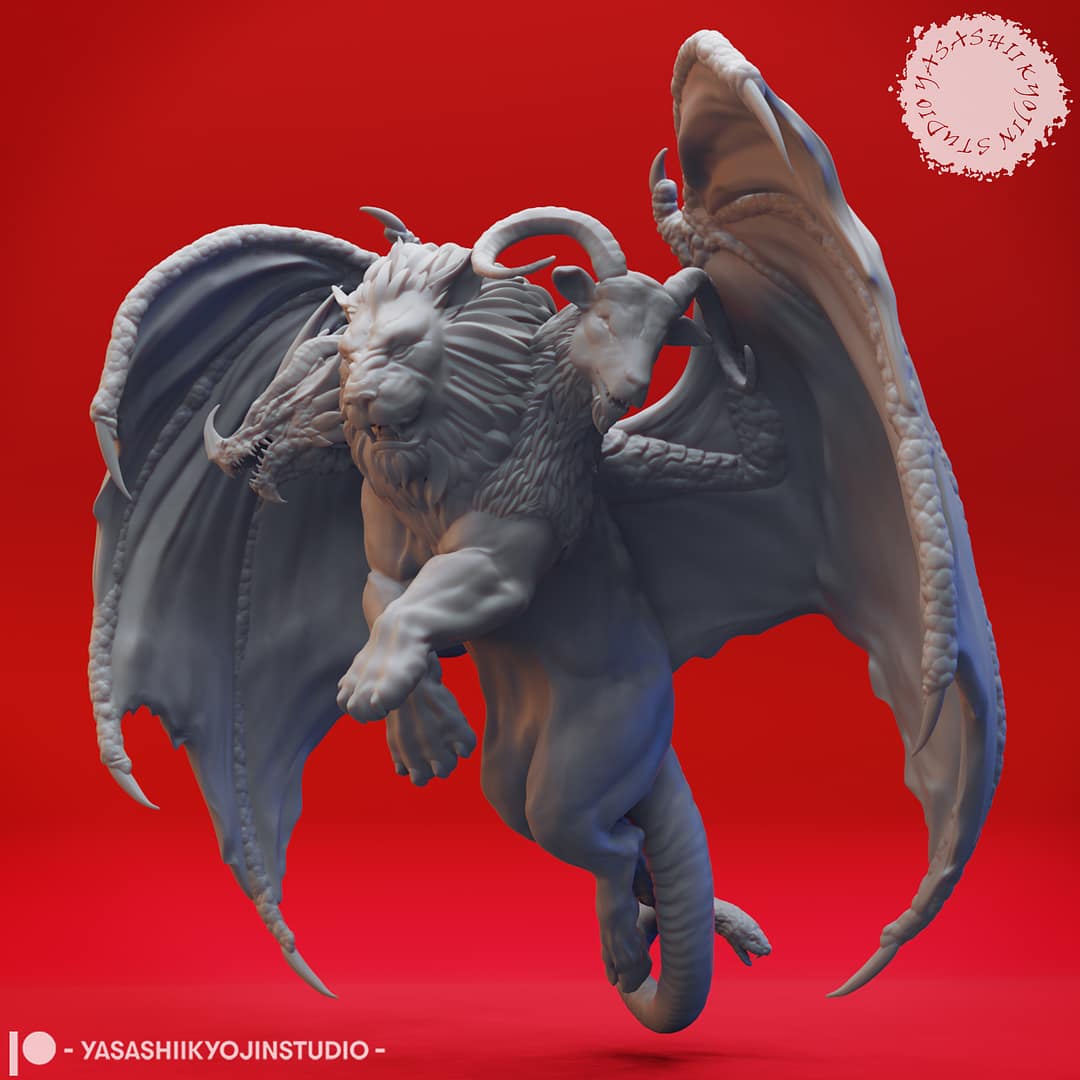 “Chimera resin miniatures by Yasashii Kyojin Studio, featuring Flying and Attacking poses with lion, goat, and dragon heads, shown against a red background.”