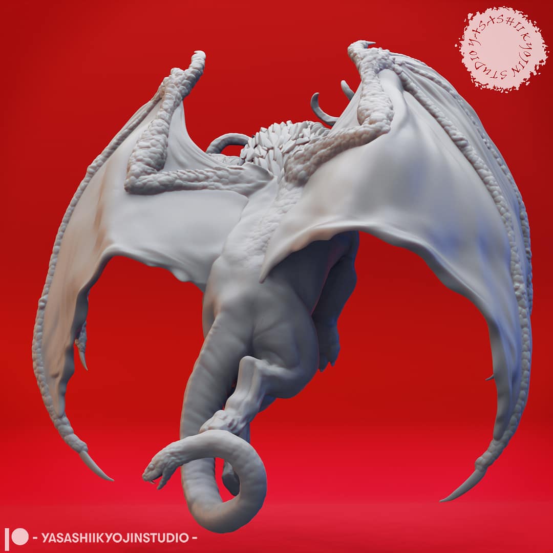 “Chimera resin miniatures by Yasashii Kyojin Studio, featuring Flying and Attacking poses with lion, goat, and dragon heads, shown against a red background.”