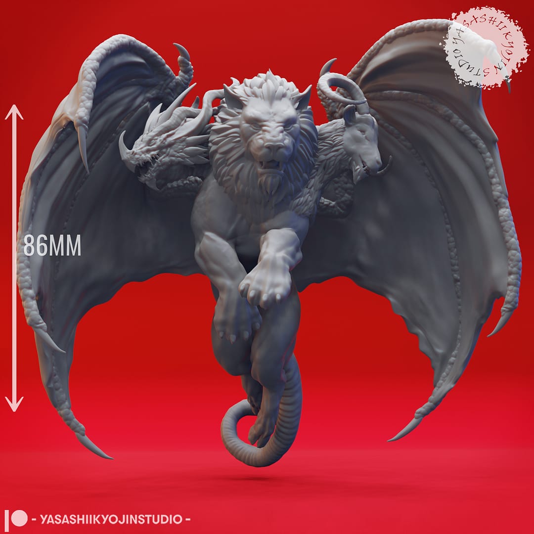“Chimera resin miniatures by Yasashii Kyojin Studio, featuring Flying and Attacking poses with lion, goat, and dragon heads, shown against a red background.”