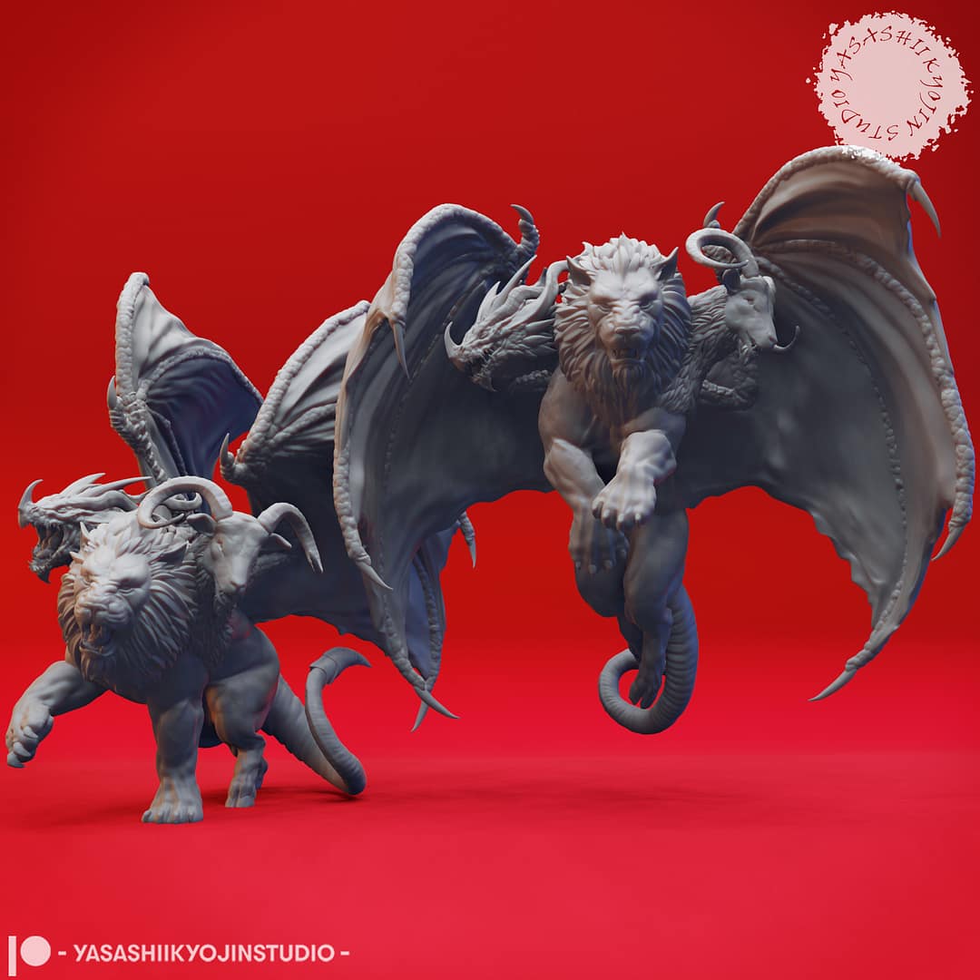 “Chimera resin miniatures by Yasashii Kyojin Studio, featuring Flying and Attacking poses with lion, goat, and dragon heads, shown against a red background.”