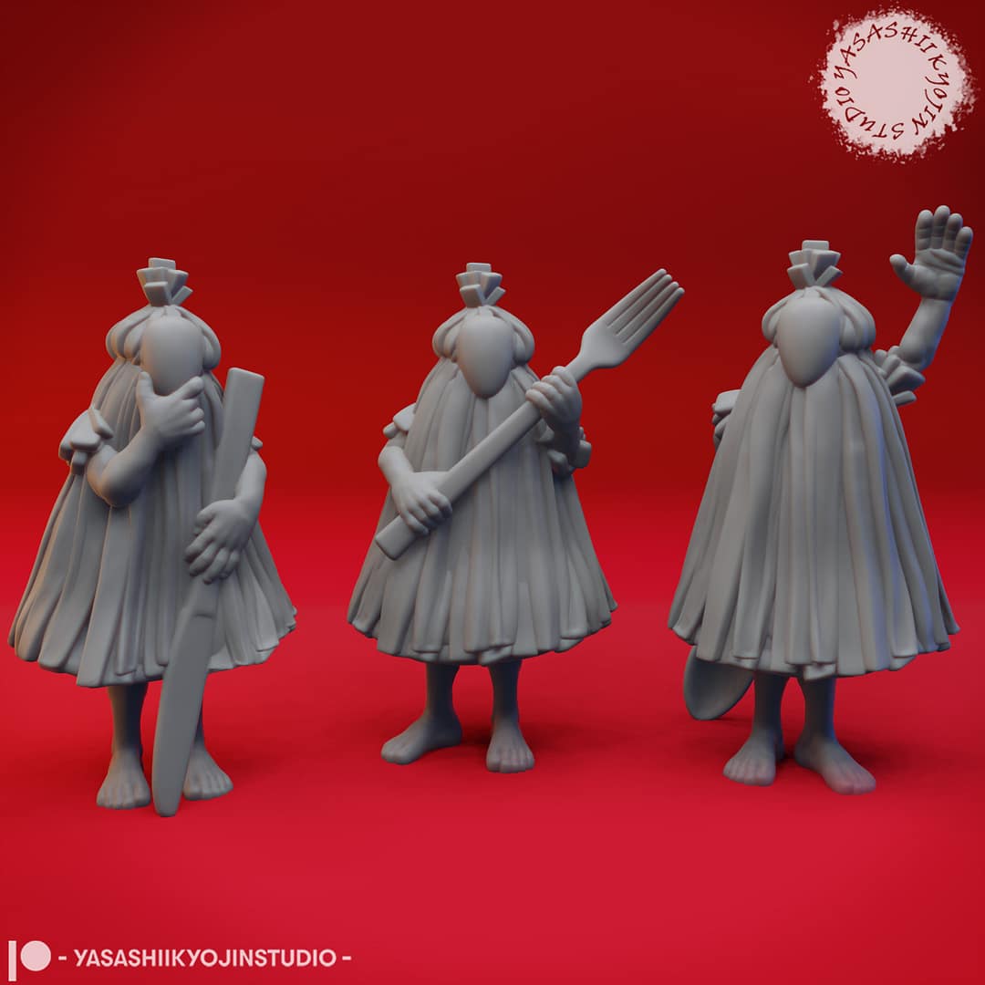 “Chwinga resin miniatures by Yasashii Kyojin Studio in three poses—holding a knife, a large fork, and a spoon—displayed against a red background.”