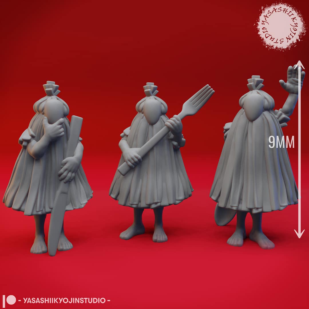 “Chwinga resin miniatures by Yasashii Kyojin Studio in three poses—holding a knife, a large fork, and a spoon—displayed against a red background.”