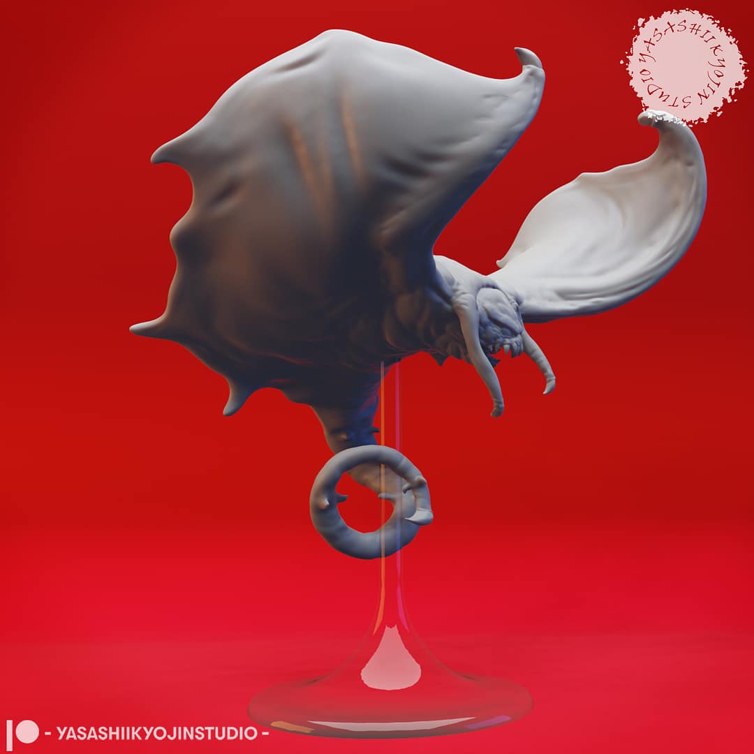 “Cloaker resin miniature by Yasashii Kyojin Studio, showing a winged subterranean creature swooping downward with tendrils extended, displayed against a red background.”