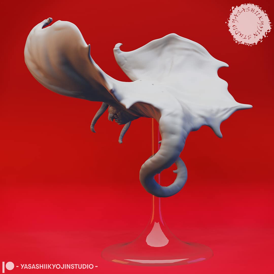 “Cloaker resin miniature by Yasashii Kyojin Studio, showing a winged subterranean creature swooping downward with tendrils extended, displayed against a red background.”