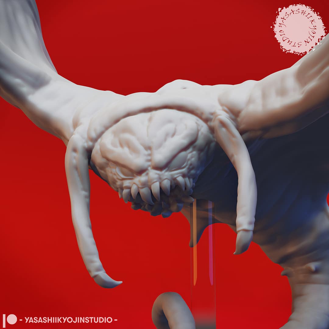 “Cloaker resin miniature by Yasashii Kyojin Studio, showing a winged subterranean creature swooping downward with tendrils extended, displayed against a red background.”