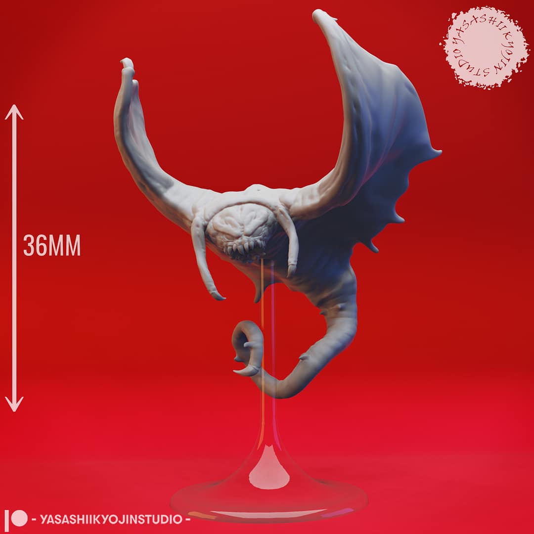 “Cloaker resin miniature by Yasashii Kyojin Studio, showing a winged subterranean creature swooping downward with tendrils extended, displayed against a red background.”
