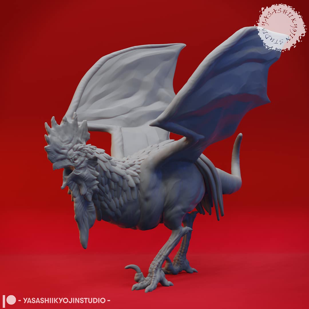 “Cockatrice resin miniature by Yasashii Kyojin Studio, featuring a winged rooster-like monster with draconic features displayed against a red background.”