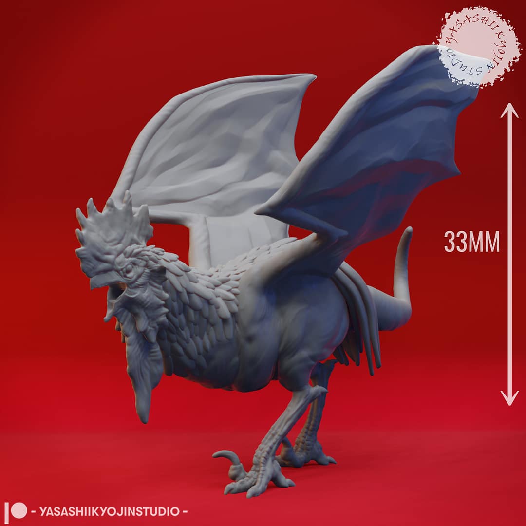 “Cockatrice resin miniature by Yasashii Kyojin Studio, featuring a winged rooster-like monster with draconic features displayed against a red background.”