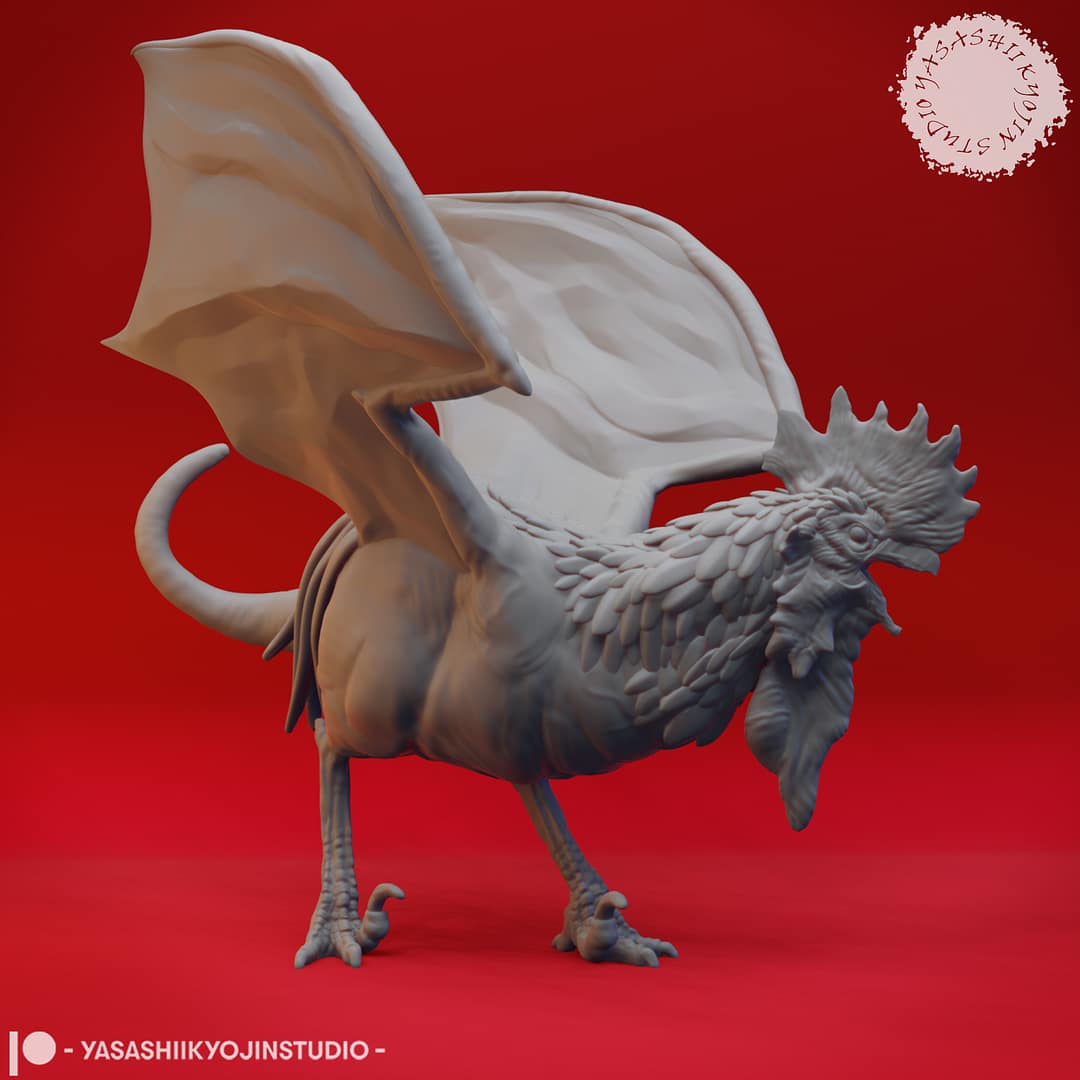 “Cockatrice resin miniature by Yasashii Kyojin Studio, featuring a winged rooster-like monster with draconic features displayed against a red background.”