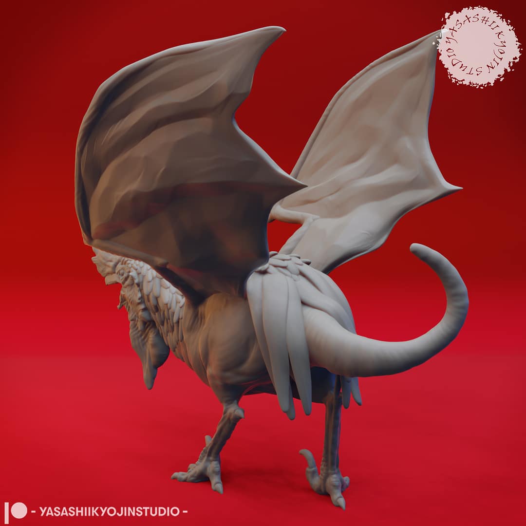 “Cockatrice resin miniature by Yasashii Kyojin Studio, featuring a winged rooster-like monster with draconic features displayed against a red background.”