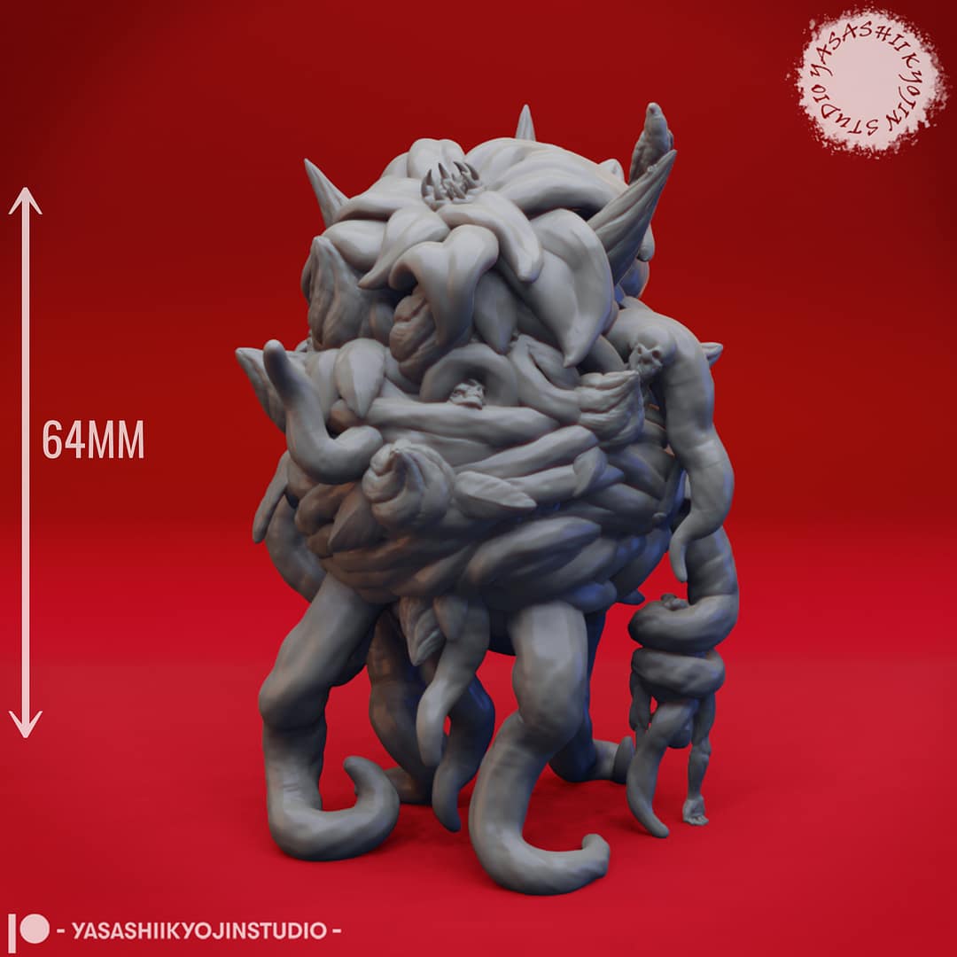 “Corpse Flower resin miniature by Yasashii Kyojin Studio, depicting a grotesque undead plant creature with tangled corpses and twisting vines on a red background.”