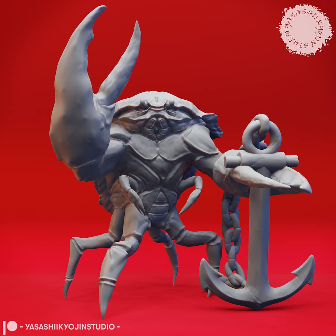 “Crabfolk resin miniatures by Yasashii Kyojin Studio, showing four crustacean warriors with claws, spears, and an anchor on a red background.”