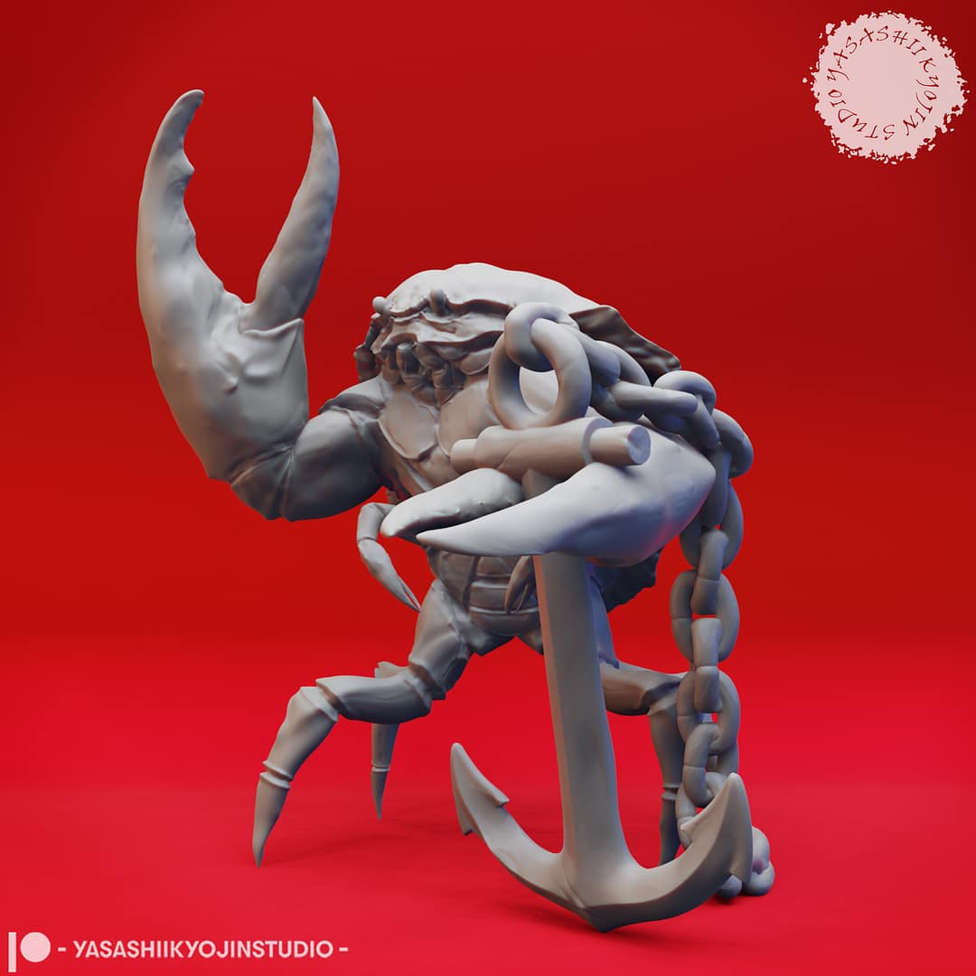 “Crabfolk resin miniatures by Yasashii Kyojin Studio, showing four crustacean warriors with claws, spears, and an anchor on a red background.”