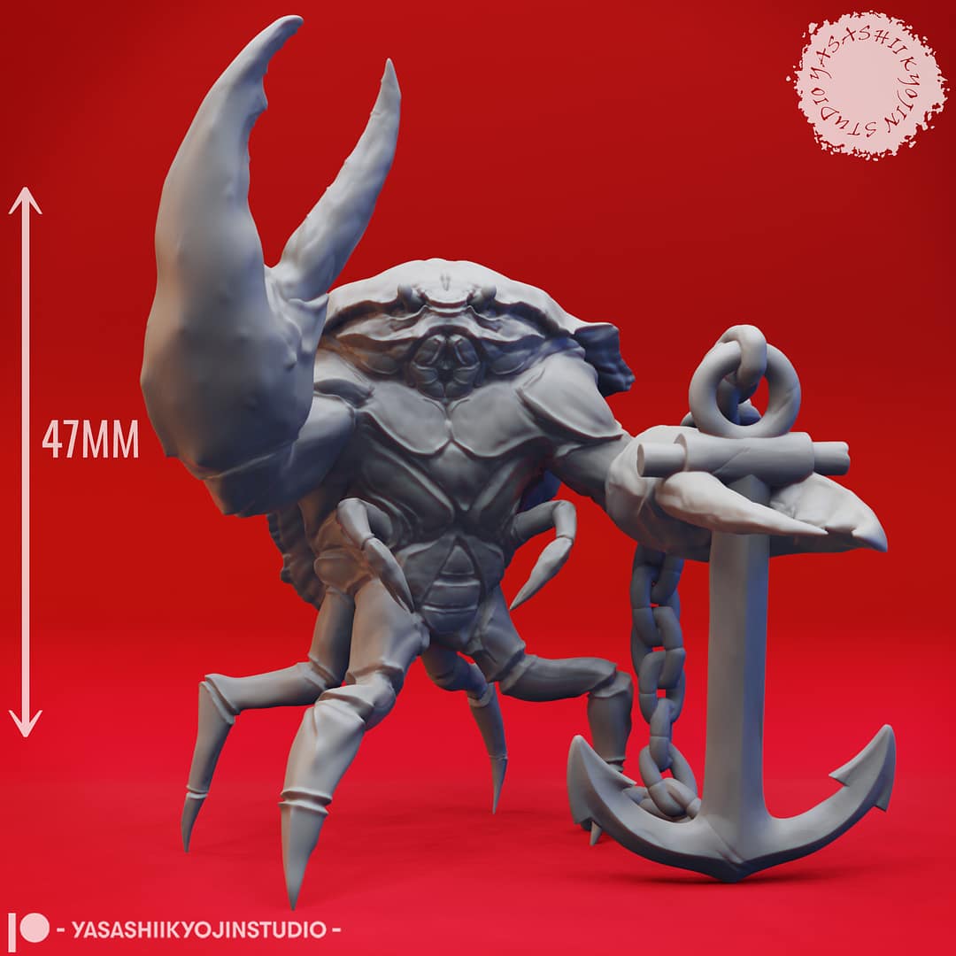 “Crabfolk resin miniatures by Yasashii Kyojin Studio, showing four crustacean warriors with claws, spears, and an anchor on a red background.”