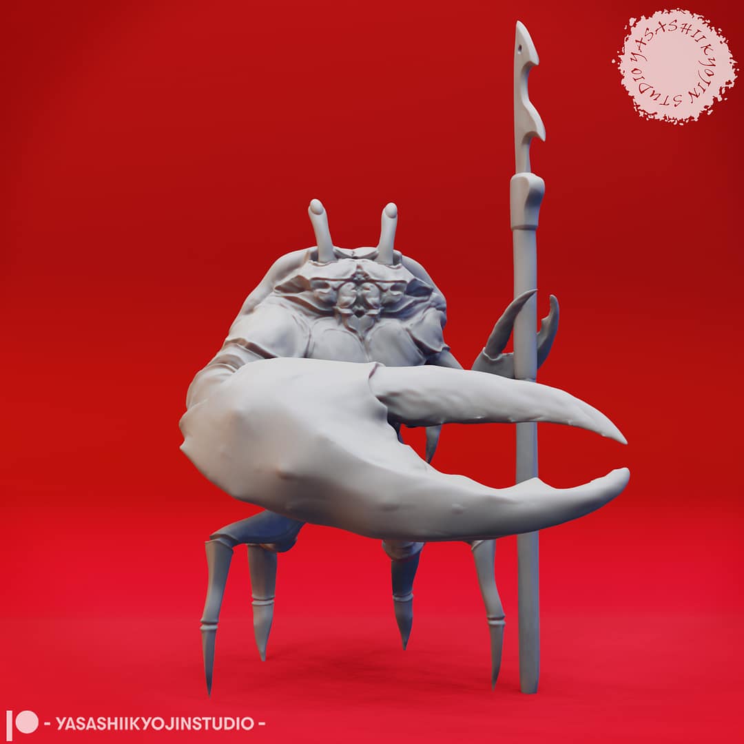 “Crabfolk resin miniatures by Yasashii Kyojin Studio, showing four crustacean warriors with claws, spears, and an anchor on a red background.”