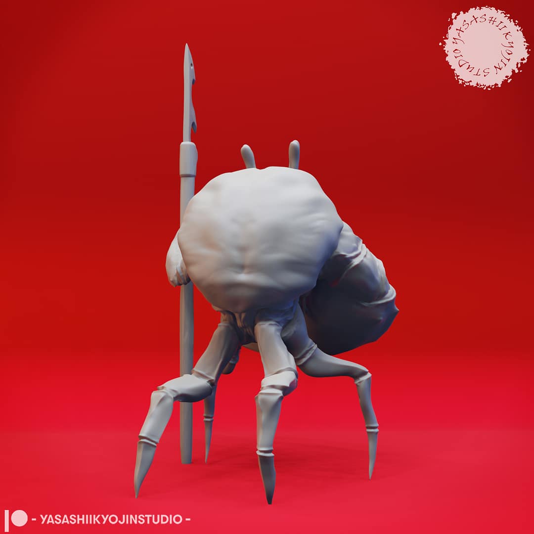 “Crabfolk resin miniatures by Yasashii Kyojin Studio, showing four crustacean warriors with claws, spears, and an anchor on a red background.”