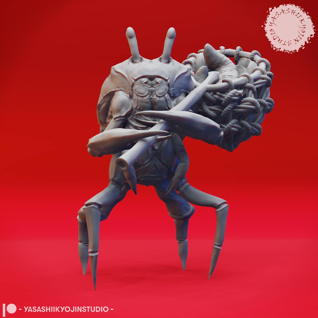 “Crabfolk resin miniatures by Yasashii Kyojin Studio, showing four crustacean warriors with claws, spears, and an anchor on a red background.”