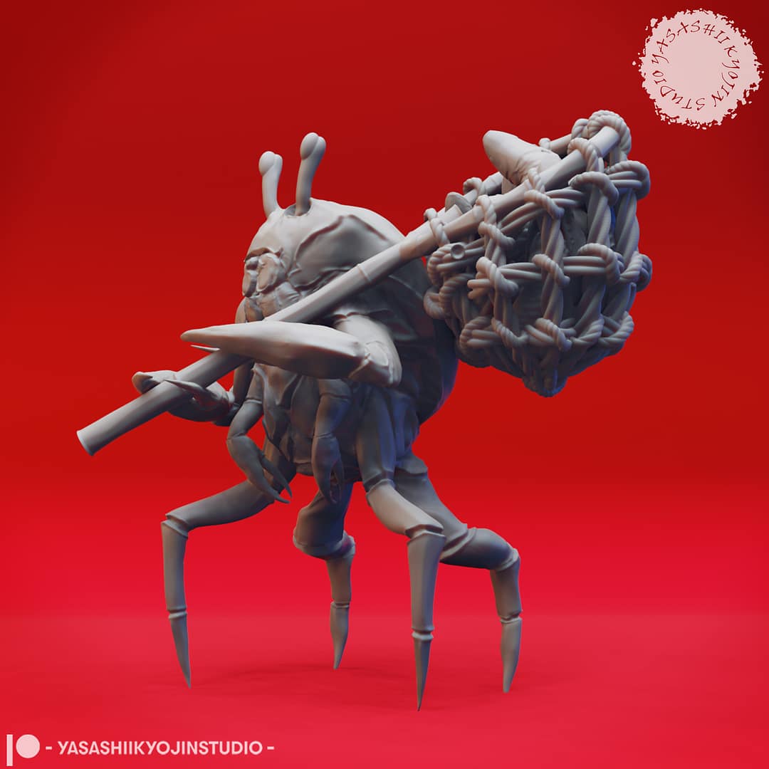 “Crabfolk resin miniatures by Yasashii Kyojin Studio, showing four crustacean warriors with claws, spears, and an anchor on a red background.”