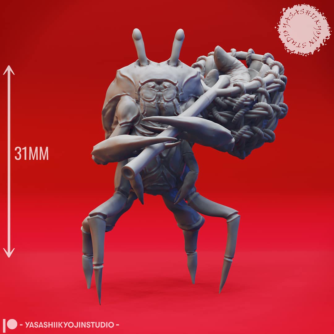 “Crabfolk resin miniatures by Yasashii Kyojin Studio, showing four crustacean warriors with claws, spears, and an anchor on a red background.”