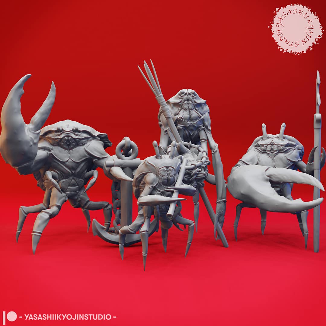 “Crabfolk resin miniatures by Yasashii Kyojin Studio, showing four crustacean warriors with claws, spears, and an anchor on a red background.”